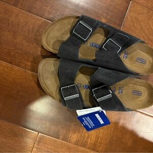 NWT Birkenstock Arizona Velvet Grey Suede Sandals, EU 41, Narrow.